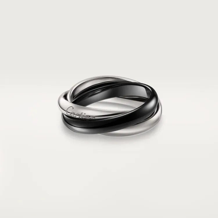 Geometric U-shaped sterling silver couple rings on a hand, showing full diamond band and plain band options.