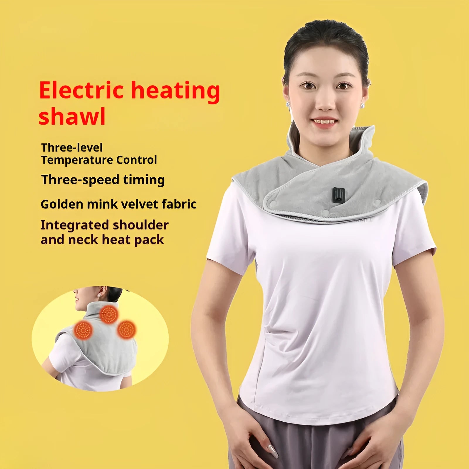 Electric heating shawl in gray folded on a surface with USB cable visible