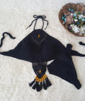 Women's crochet tassel bikini set in black, khaki, and white with tassel details, beachwear