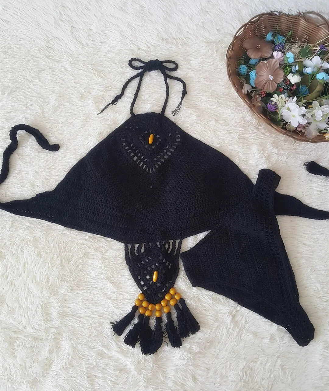 Women's crochet tassel bikini set in black, khaki, and white with tassel details, beachwear