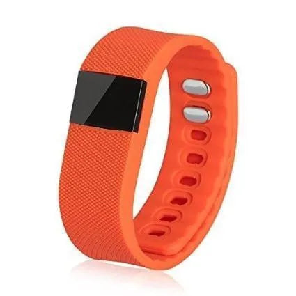 Ordinary bracelet pedometer fitness tracker in black, blue, green, orange, or yellow on a wrist.