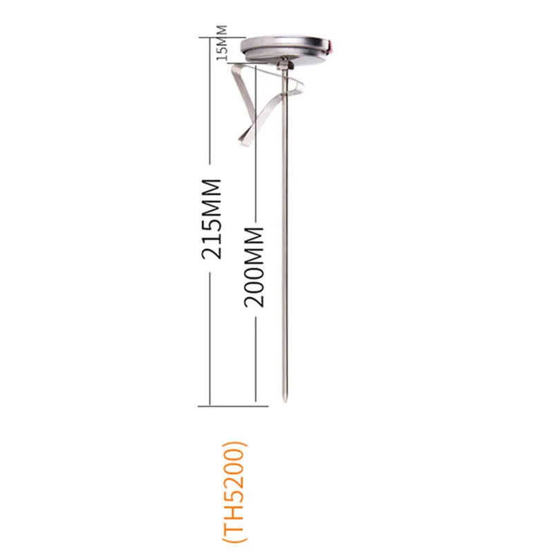 Digital food thermometer with stainless steel probe and display showing temperature reading