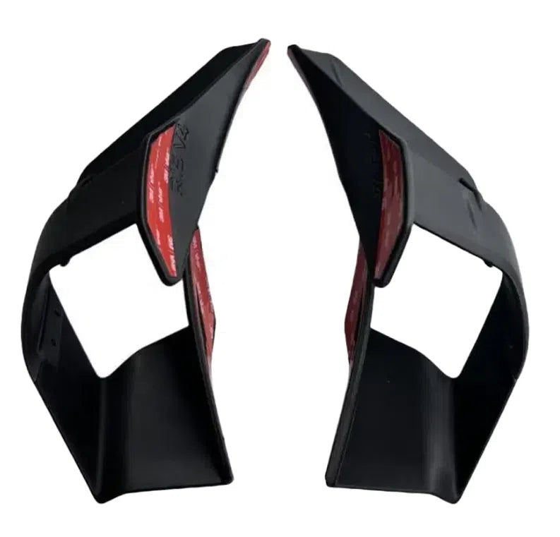 Motorcycle bodywork side wing spoiler in matte black finish on a motorcycle rear fairing