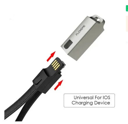Short 20cm black leather USB to Apple Lightning charging cable with zinc alloy connector.