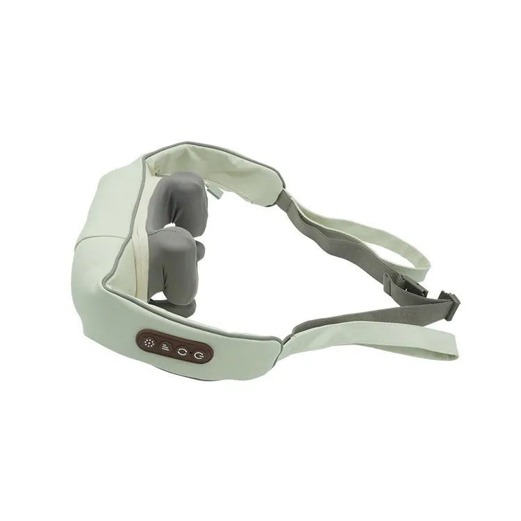 Blue foldable electric neck and shoulder massager with heating function on a table