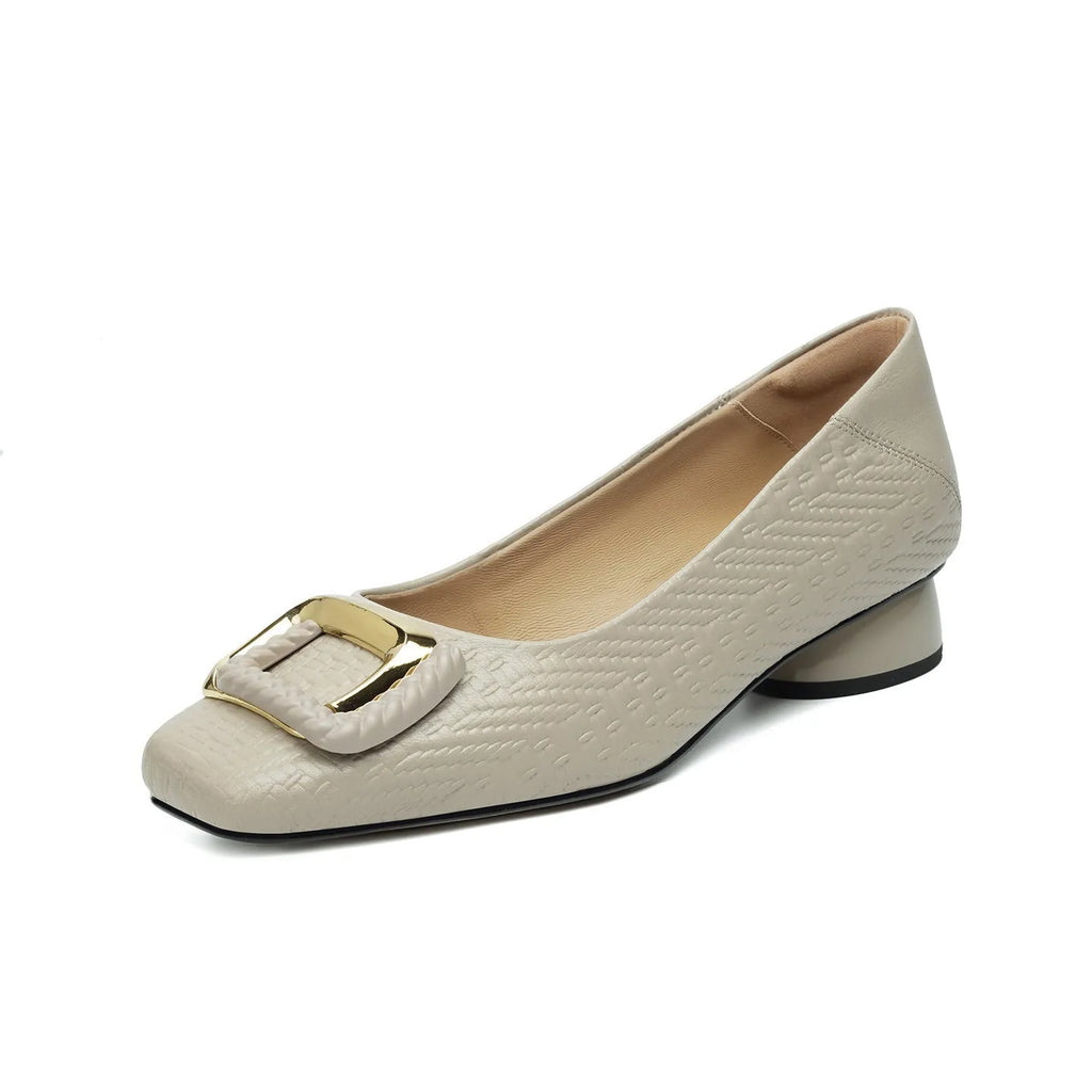 Sheepskin women's mid-heel shoes – square toe, buckle detail, low heel, black colour on display