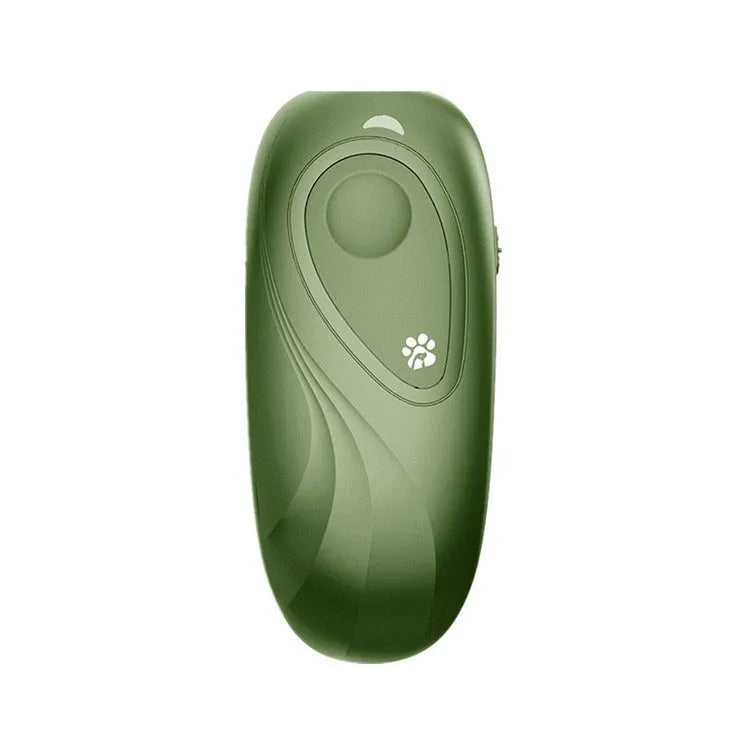 Handheld ultrasonic dog repeller in black, ABS material, with transmit button and frequency dial