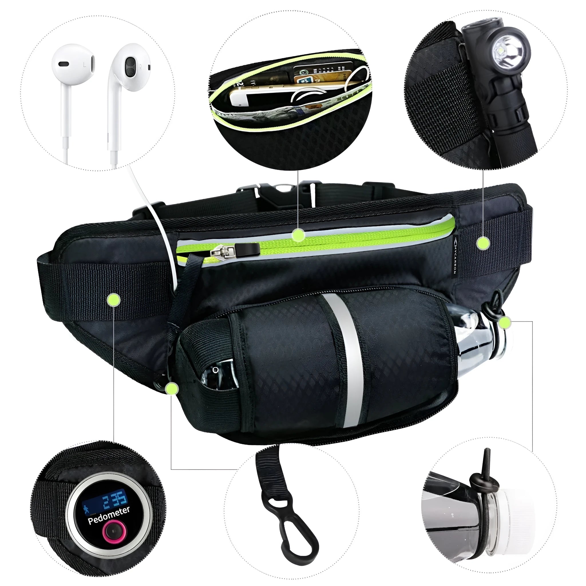 Black multifunctional running waist bag sports belt with water bottle pocket and adjustable nylon strap