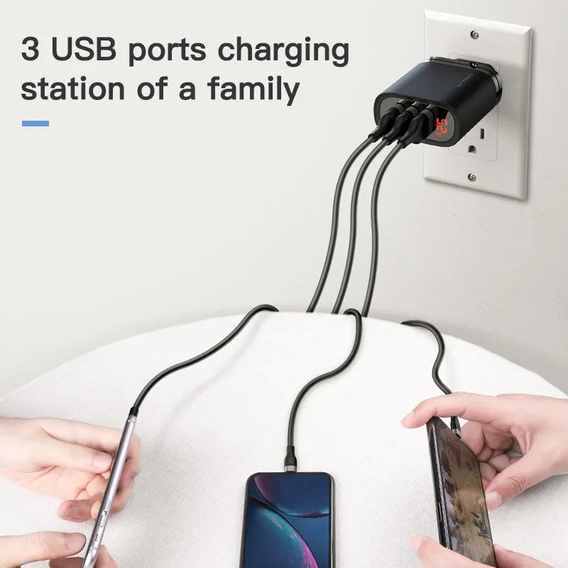 3 hole USB fast charge travel charger with LED indicator in black, showing EU plug attached