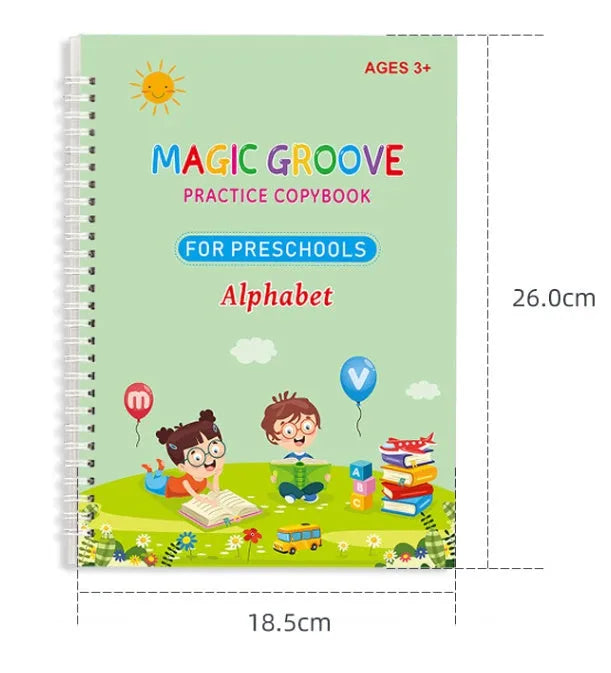 English children's groove magic calligraphy practice set with double-sided notched post design and ten refills