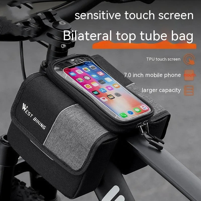 Black and grey bilateral tube saddle bag made from Oxford cloth, showing handlebar mounting and 2L capacity.