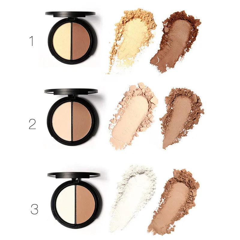 Bronzer and highlighter palette, 18 x 75 mm compact powder makeup in colour options 1, 2, and 3