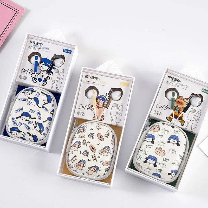 Wired cartoon student earphones with blue colour and round hole interface, in-ear design with ABS cable