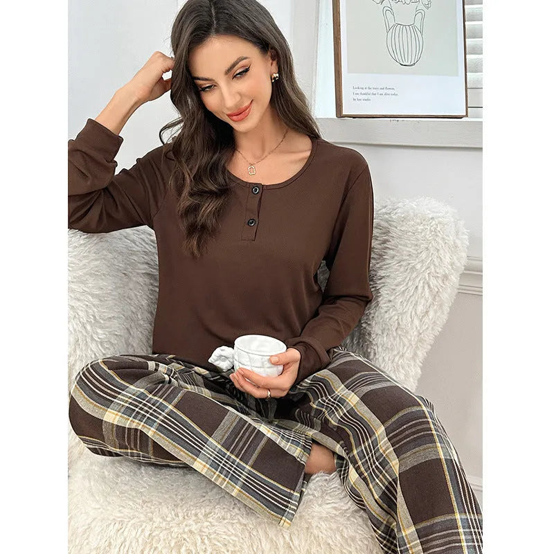 Milk silk plaid button pullover top and trousers set for women in brown and wine red colours