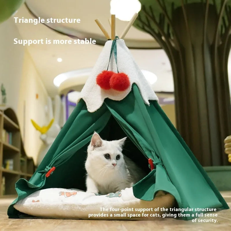 Semi-closed cat house pet bed with thickened cloth construction in brown and white mat options