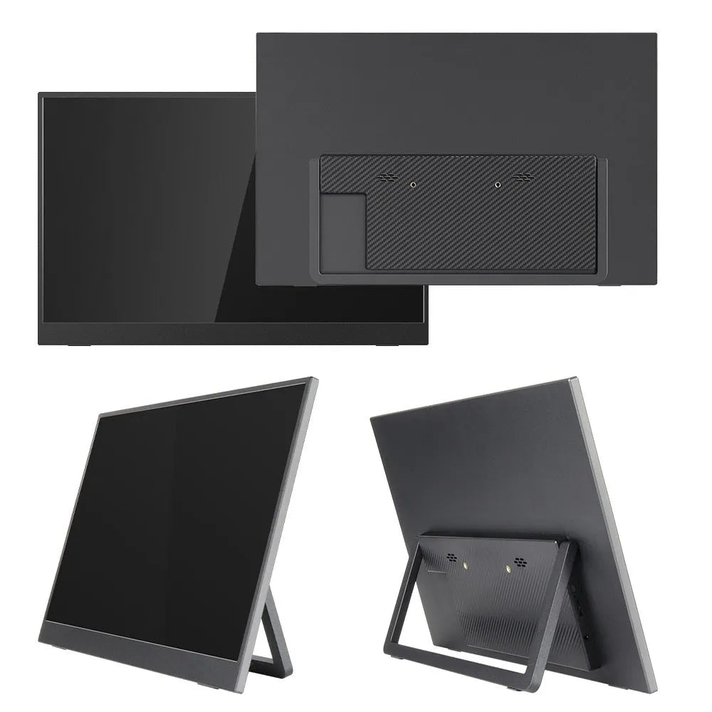 Black 15.6-inch portable USB HDMI monitor with adjustable stand on desk