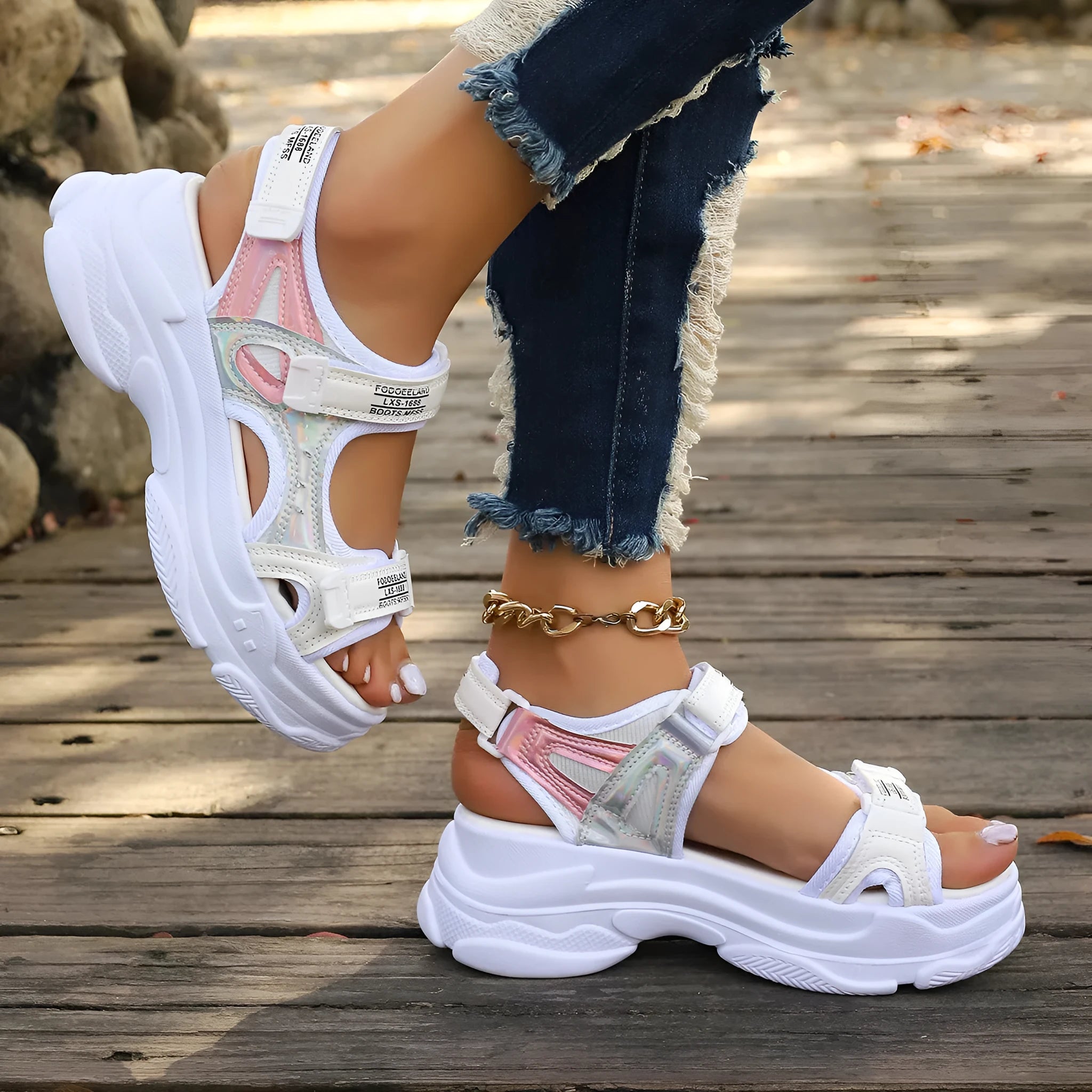 Women's Roman platform sports sandals in white and black colours with PU upper and rubber sole