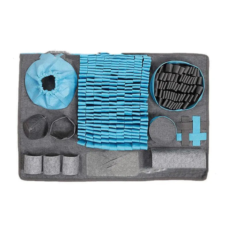 Pet sniffing pad made from felt and webbing with tunnel maze folds for hiding treats, suitable for dogs.