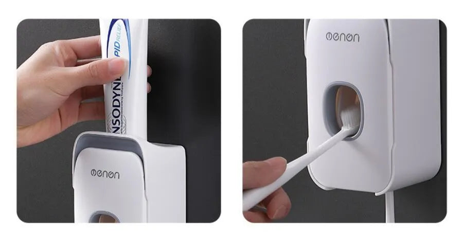 Blue automatic wall-mounted toothpaste dispenser with a sensor for touchless operation on a bathroom wall.