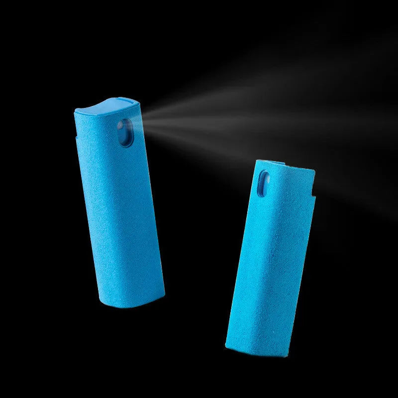 Blue LCD screen cleaner 10ml bottle with microfiber cloth on white background