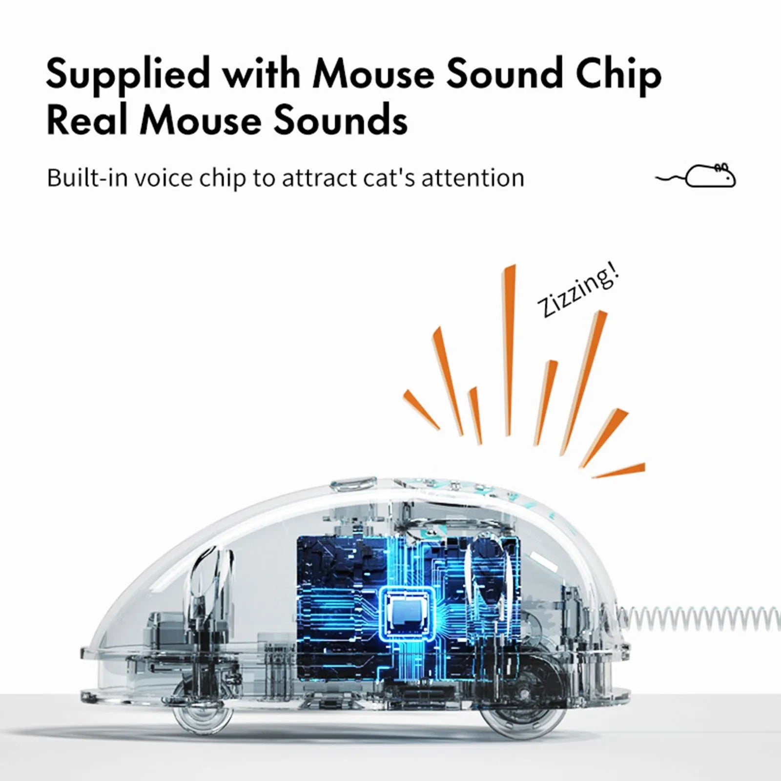 Blue electronic moving mouse cat toy with feather and sound box, showing 18cm length