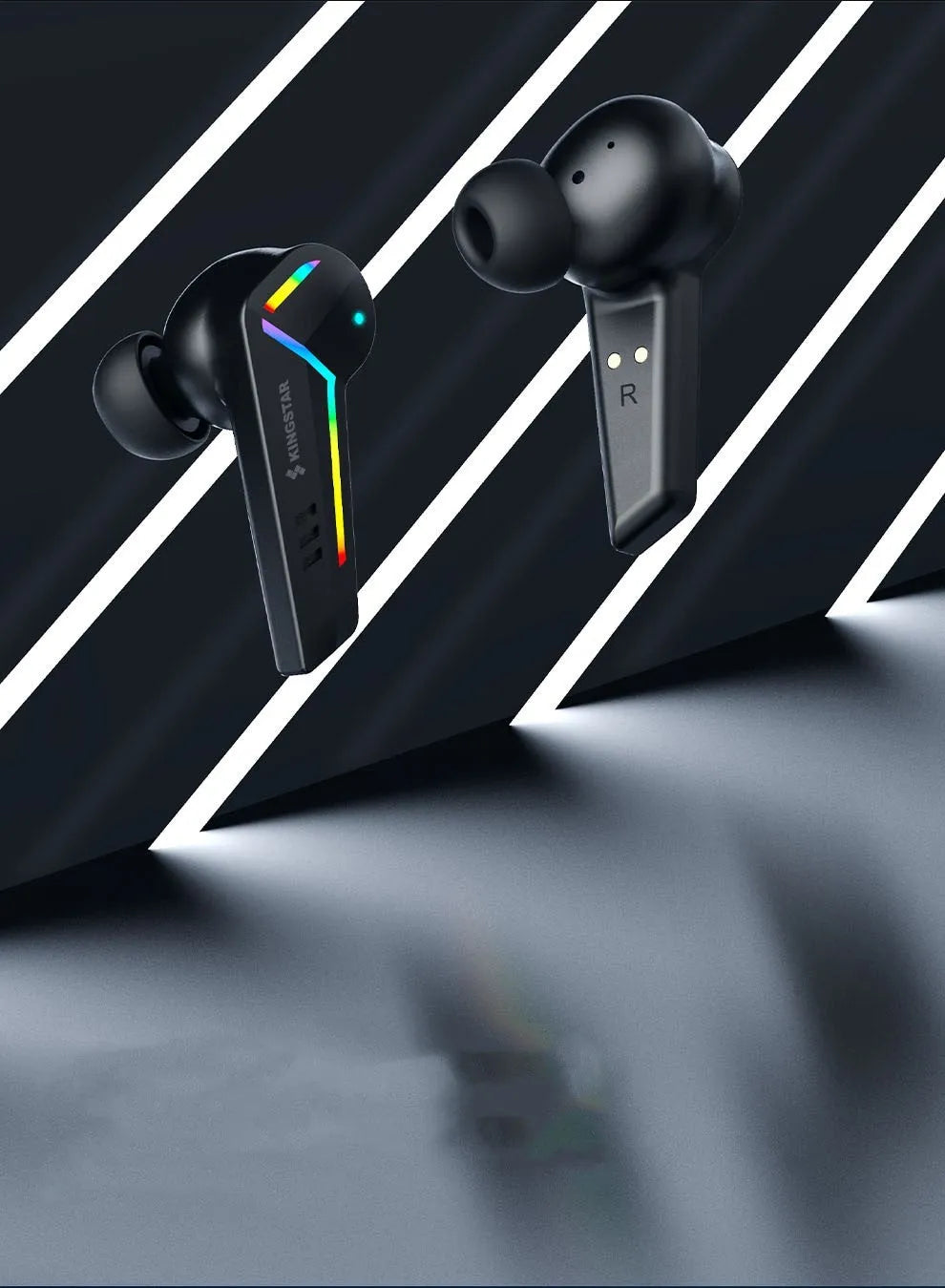 Black TWS Bluetooth gaming headset with low latency for sports.