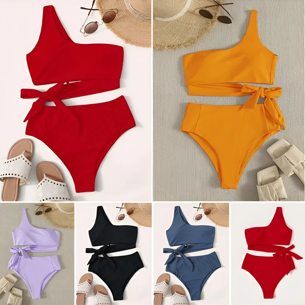 Solid colour one-shoulder women's swimsuit in red, sleeveless polyester spandex bikini style
