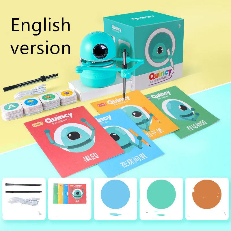 Children painting robot with English voice guidance on a table, showing drawing cards and suction cup base