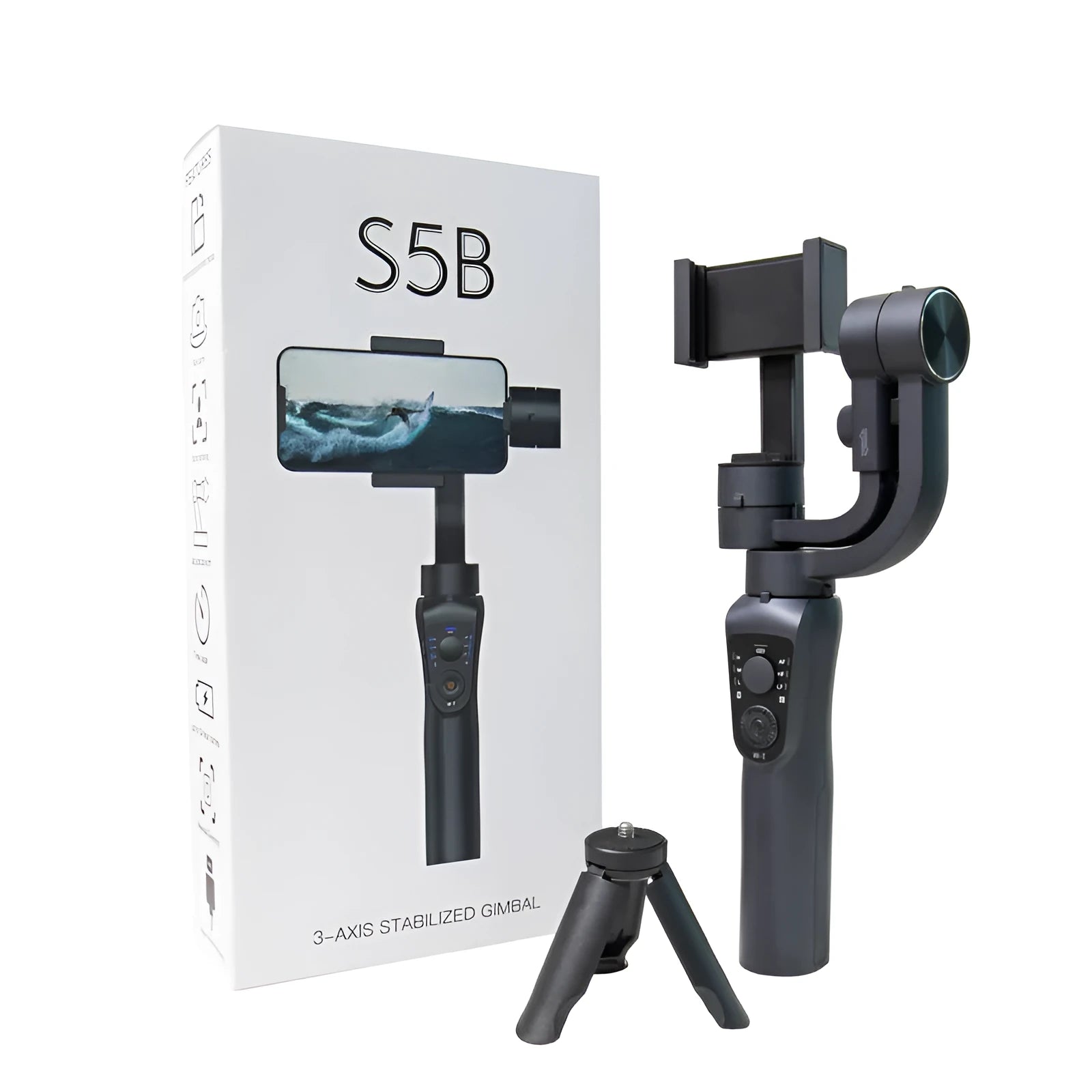 Black three-axis mobile phone gimbal stabilizer with hard case and tripod accessory