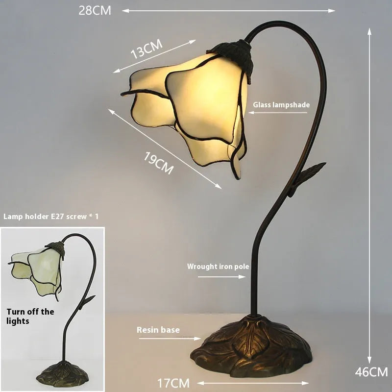 American classical retro style glass table lamp with ornate lotus shade, shown in a beige double head configuration.