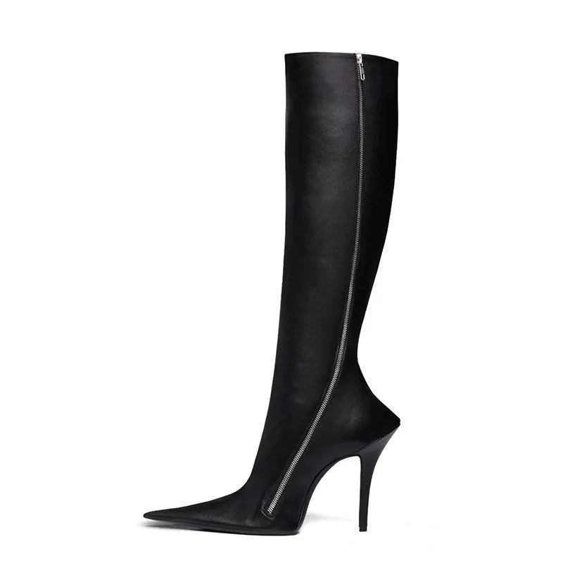 Black women's knee-high stiletto boots with pointed toe, side zipper, artificial PU upper, and rubber sole
