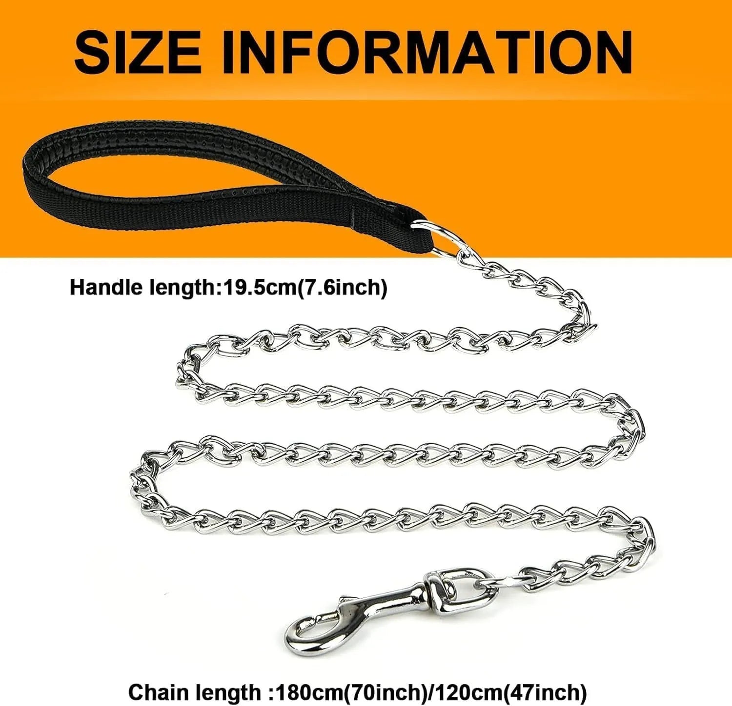 Heavy duty metal dog leash with soft padded handle and chew-proof chain in black, blue, or red