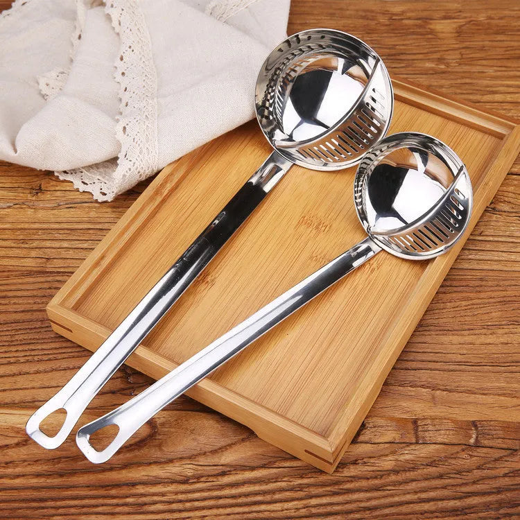 Stainless steel detachable colander spoon with large strainer head on white background