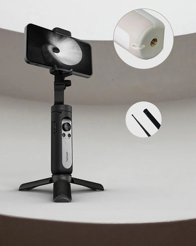Black and white 3-axis mobile phone stabiliser shown folded to 179mm size with USB charging port