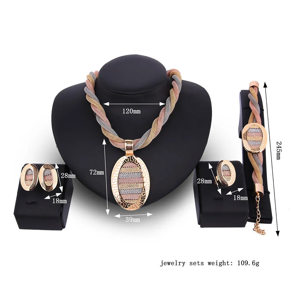 Four-piece jewellery set necklace earrings bracelets alloy artificial gems 18K gold colour square pendant