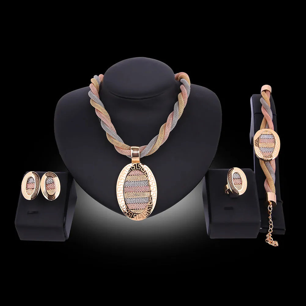 Four-piece jewellery set necklace earrings bracelets alloy artificial gems 18K gold colour square pendant