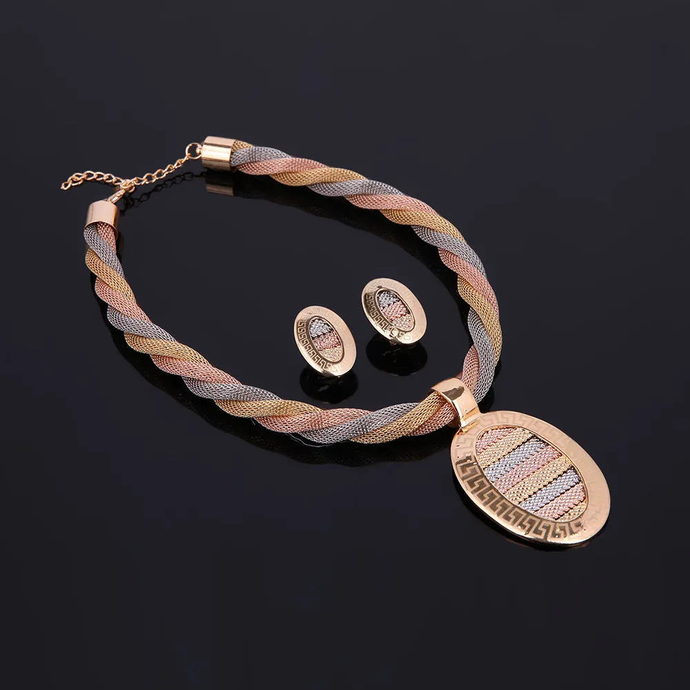 Four-piece jewellery set necklace earrings bracelets alloy artificial gems 18K gold colour square pendant