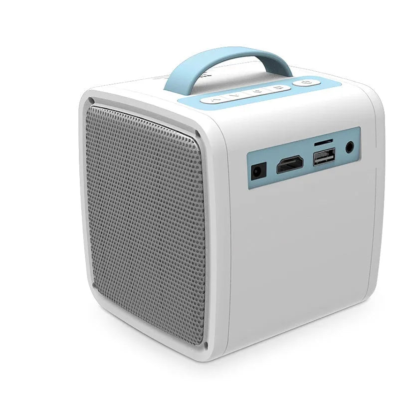Mini home theater projector with 20W LED bulb projecting onto a wall, available in Blue US or Pink US colour options