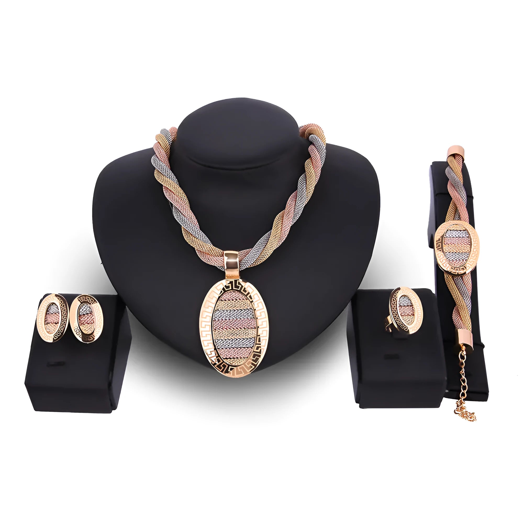 Four-piece jewellery set necklace earrings bracelets alloy artificial gems 18K gold colour square pendant