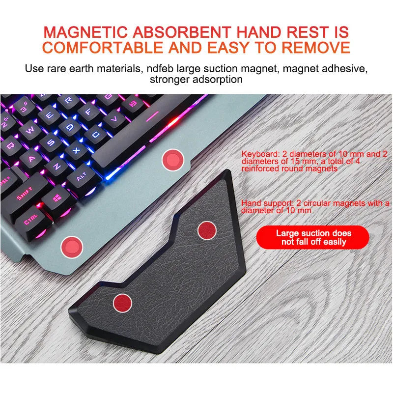 Black wired gaming keyboard with RGB backlight, phone holder, pen tray, and magnetic wrist rest on a desk