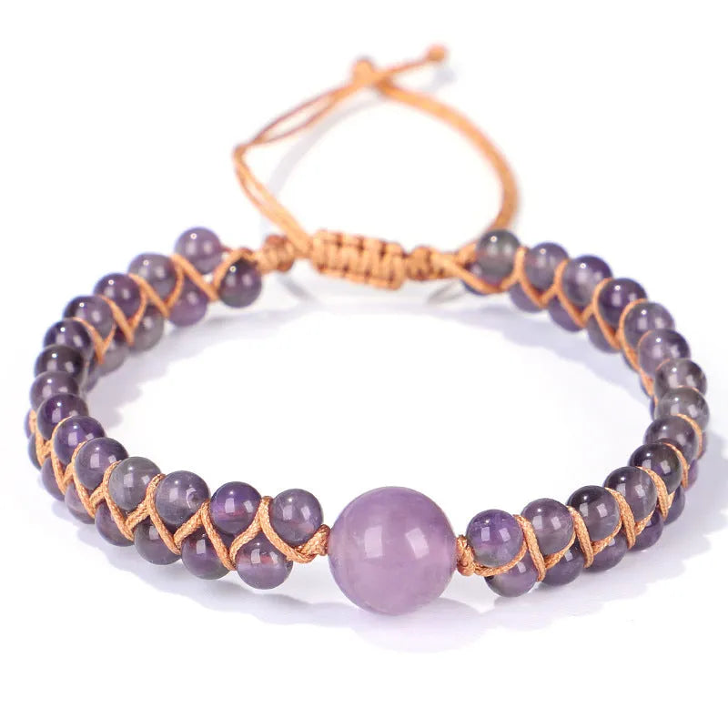 Handmade woven geometric pull bracelet in blue Tigereye or purple Amethyst stone beads on wrist