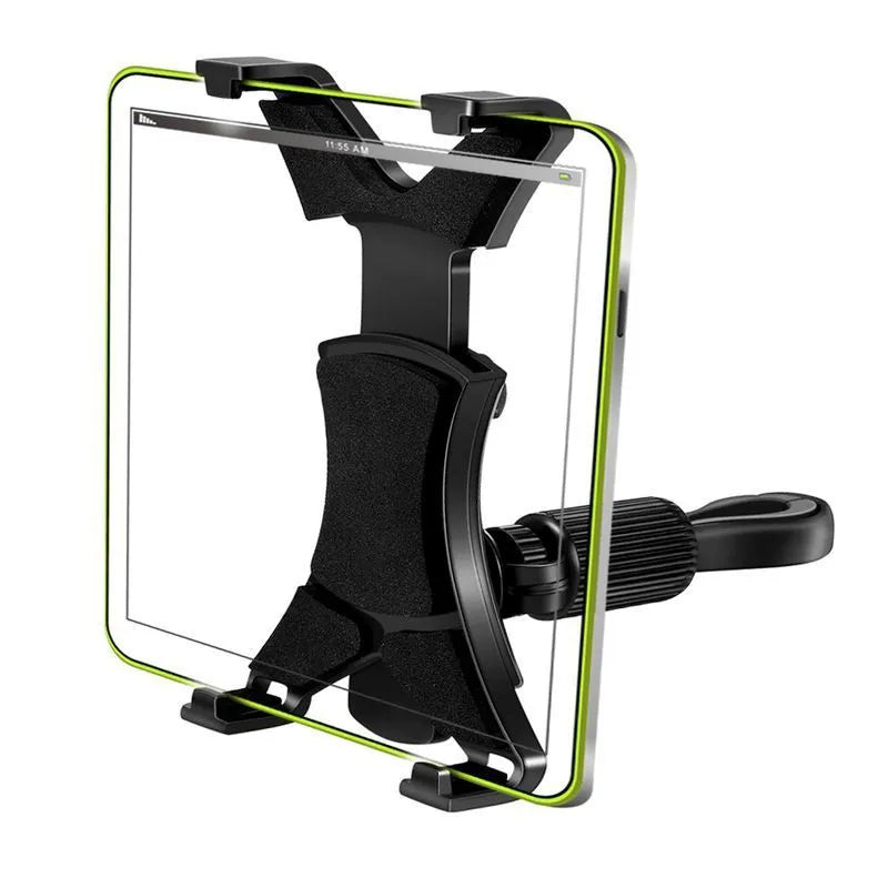 Black ABS and PC tablet computer holder for 7-12 inch tablets, mounted on car headrest with 806 clip