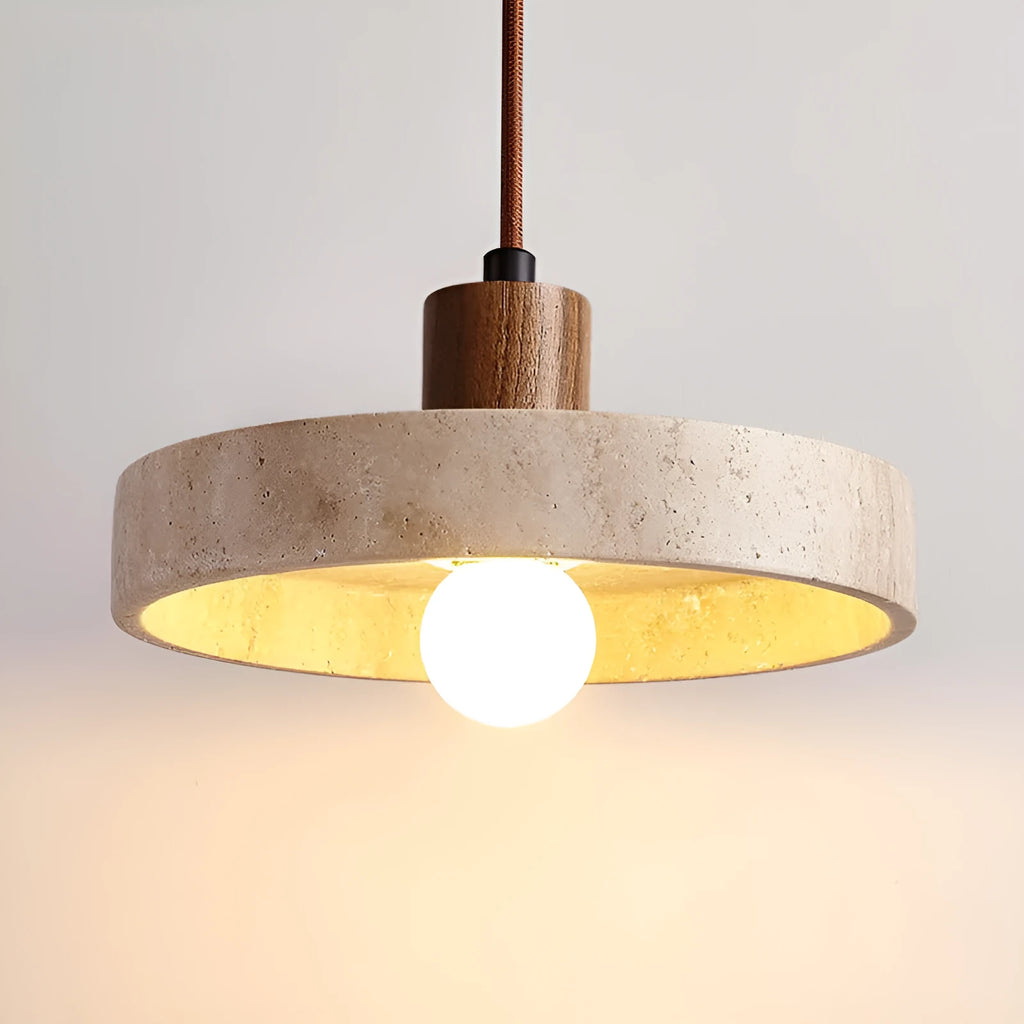 Small yellow cave stone and solid wood pendant light on a bedside table, 21 cm diameter, wood colour option