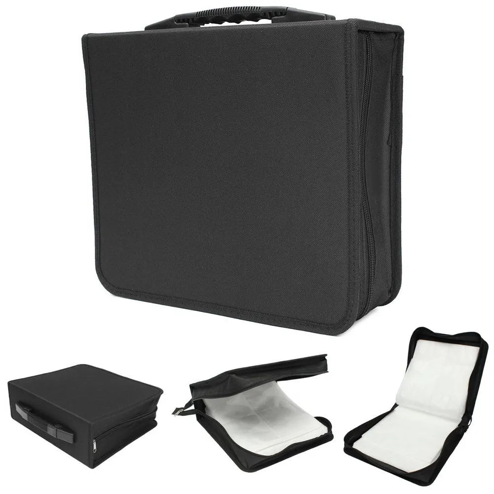 Black Oxford fabric CD and DVD storage binder with a zip and top carry strap.