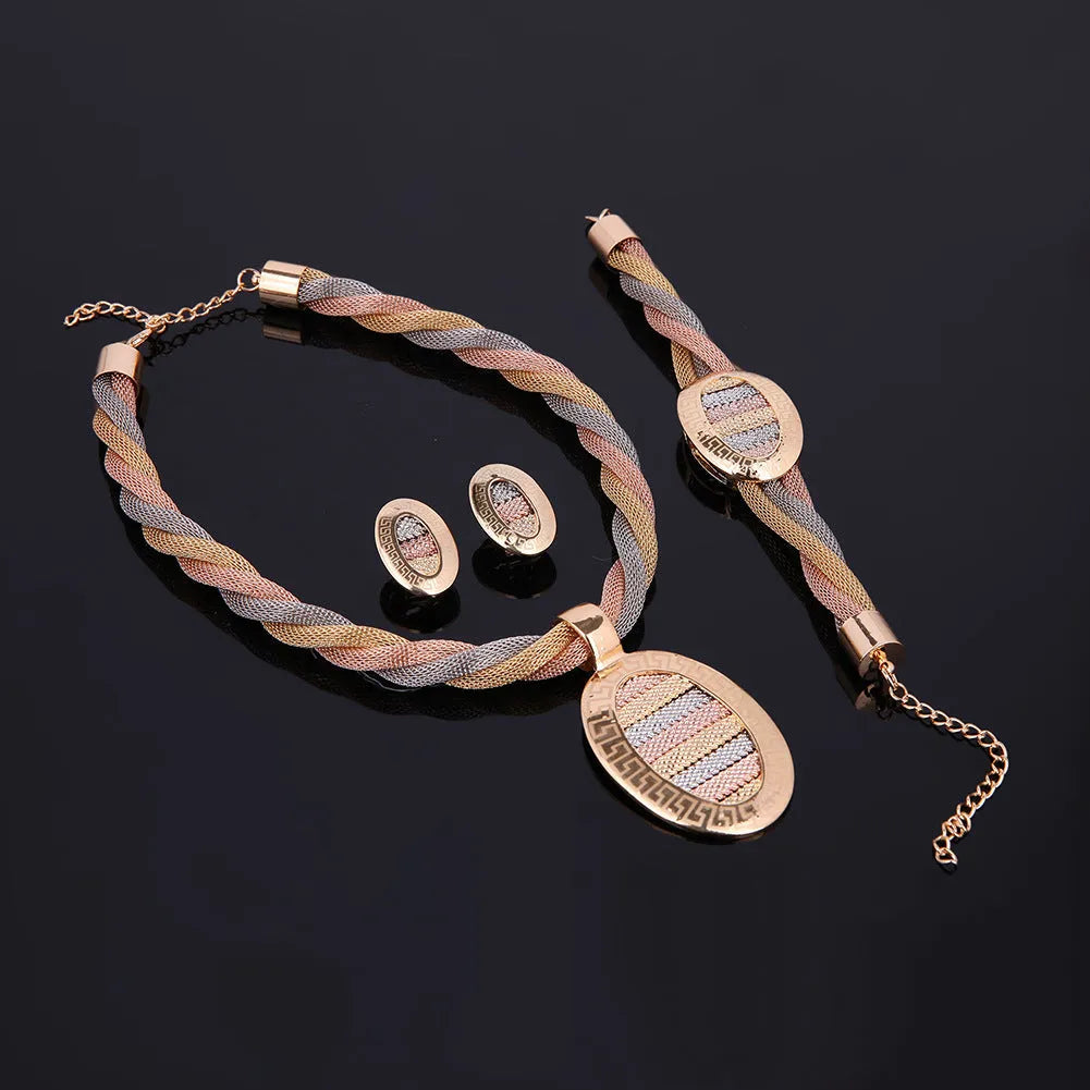 Four-piece jewellery set necklace earrings bracelets alloy artificial gems 18K gold colour square pendant