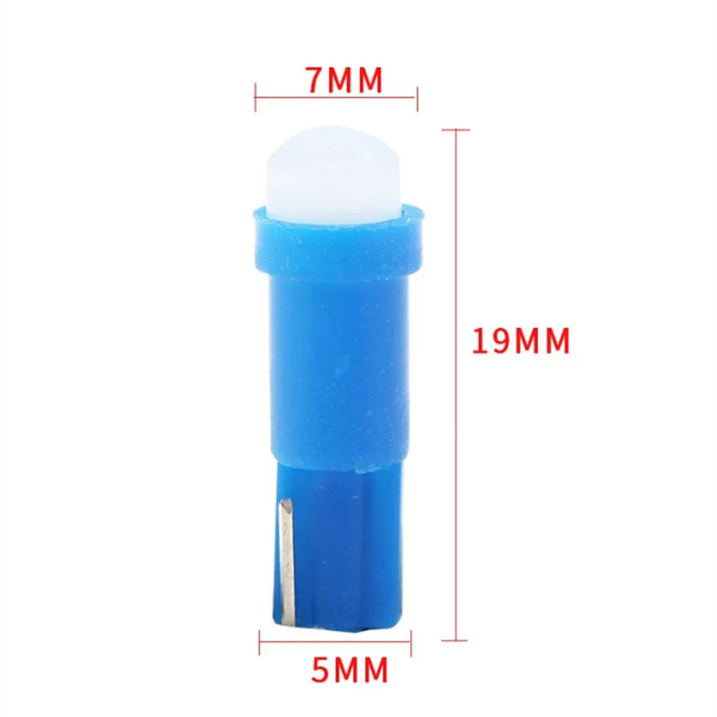 T5 ceramic base car instrument LED bulb showing seven colour options including blue, green, red, and yellow