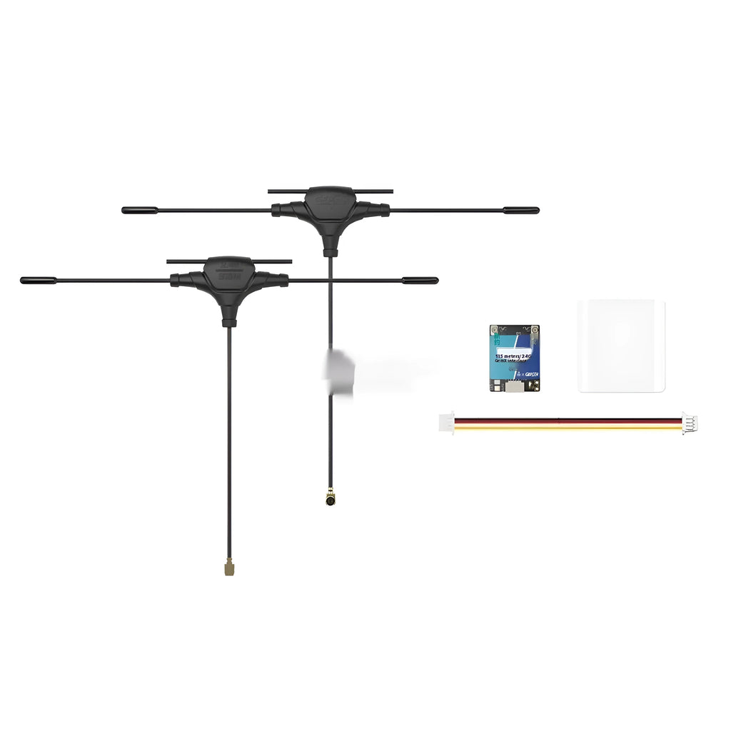 ELRS 915M 2.4G dual-frequency metal receiver base plant with two T-shaped antennas and silicone connecting wire.