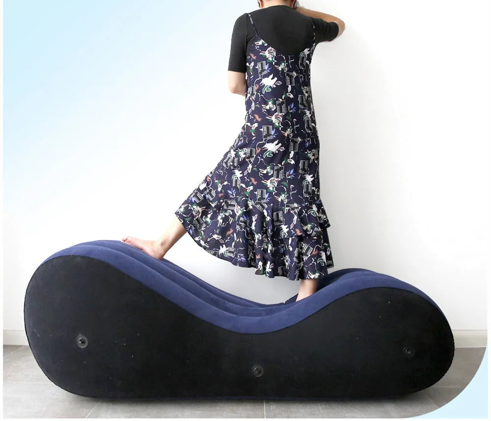 Blue inflatable sofa cushion made of PVC with flocking surface, folded for display