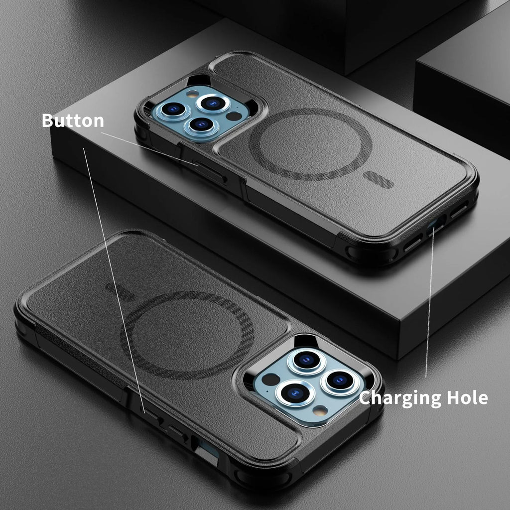 Black shatterproof magnetic phone case for iPhone 12 and 13 series with PC+TPU construction