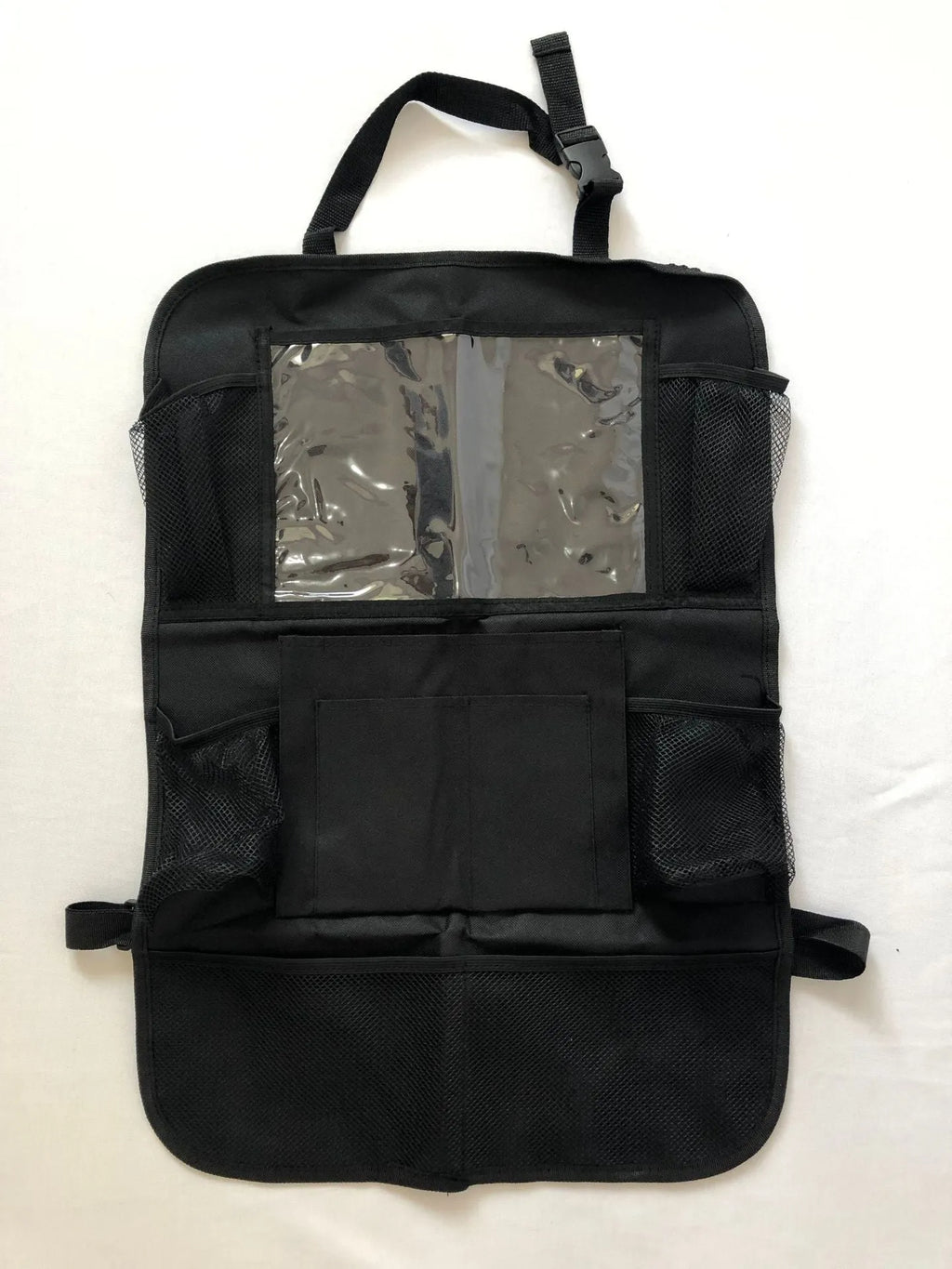 Black car seat back storage pouch with 9 bags and transparent iPad pocket, 61x41cm, made from 600D Oxford cloth